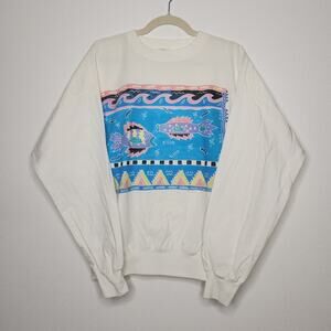 Vintage 80s Art Wear Southern Western Pastel Fish Nature Large Crewneck Sweats